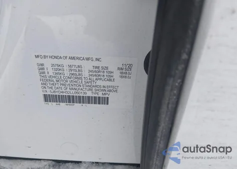 2020 Acura Mdx Standard из США, поврежденный, VIN 5J8YD4H32LL050139